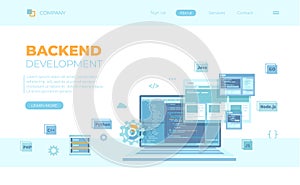 Backend Development, Coding, Software Engineering, Programming languages. Program code on laptop screen, website template.