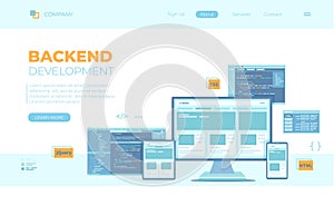 Backend Development, Coding, Software Engineering, Programming languages. Program code on laptop screen, website template. Can use