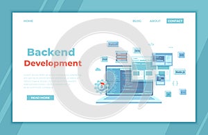 Backend Development, Coding, Software  Engineering, Programming languages. Program code on laptop screen, website template. landin