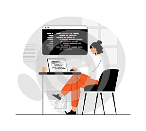 Backend development coding and software programming. Woman working with code at laptop, engineering program process.