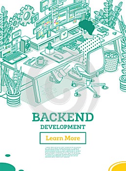 Backend Development on Computer. Working Programmer Sit on Chair with Wheels in Front of Curved Monitor with Code. Php and C++