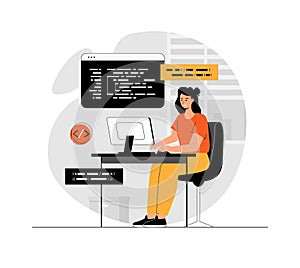Backend development and programming. Woman developer coding and making program. Information technologies