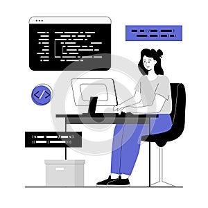 Backend development and programming. Woman developer coding and making program. Information technologies
