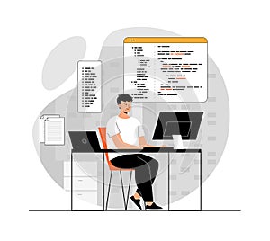 Backend development of software and programming concept. Man web developer creating program code. Programmer