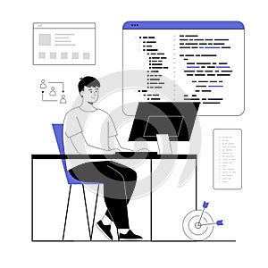 Backend development of software and programming concept. Man web developer creating program code. Programmer