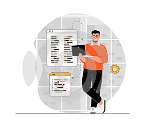 Backend development and software programming. Man working with program code at laptop, testing scripts and engineering