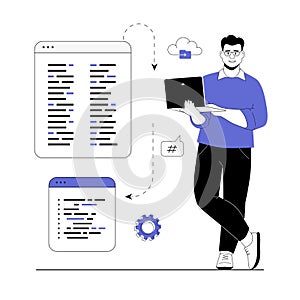 Backend development and software programming. Man working with program code at laptop, testing scripts and engineering process.