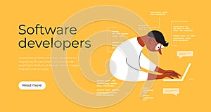 Backend or frontend developer vector illustration, software developers template with man with glasses coding using laptop photo