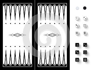 Backgammon black board to play traditional game vector illustration. 3d gambling black and white dices with shadow from