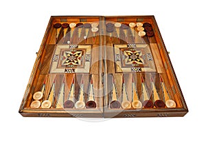 Backgammon board entirely on white background. photo