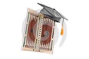 Backgammon, board game with education hat. 3D rendering