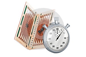 Backgammon, board game with stopwatch, 3D rendering