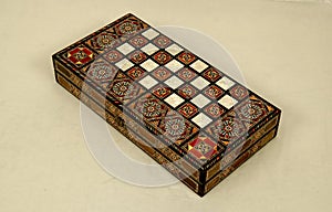 Backgammon board game , Turkish Middle East tavla with mother of pearl handicraft.. Turkish backgammon, Turkish Arabic tavla.