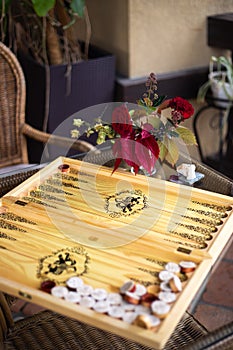 Backgammon board on a glass table