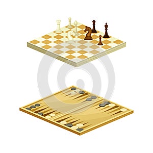 Backgammon and chess strategy board games set vector illustration