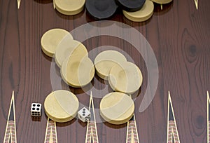 Backgammon game with two dice, with space for text or image