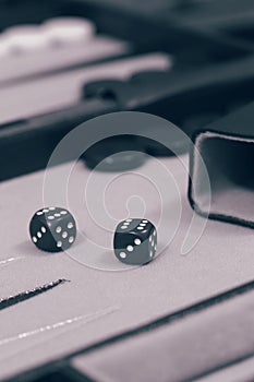 Backgammon set,  ready to start game,  on a cloth and leather board.