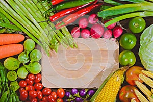 Backgroud of fresh food tasty and healthy varis vegetables are on the wooden table