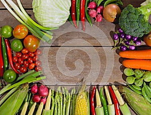 Backgroud of fresh food tasty and healthy varis vegetables are on the wooden table