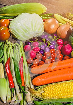 Backgroud of fresh food tasty and healthy varis vegetables are on the wooden table