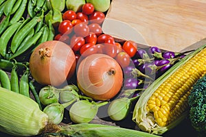 Backgroud of fresh food tasty and healthy varis vegetables are on the wooden table