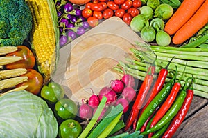 Backgroud of fresh food tasty and healthy varis vegetables are on the wooden table