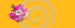 Backgroud of spring flowers for greeting card for the holiday, women`s day and mother`s day concept on yellow, copy space and
