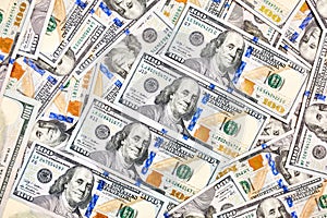 Background of 100 dollar bills. Money american hundred dollar bi