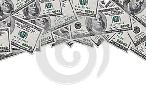 Background of 100 dollar bills on a white background with a place for records, copy space