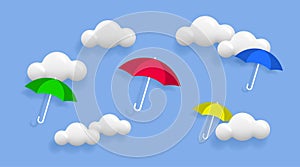 Background with 3D clouds and umbrellas