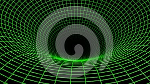 Background 3D with green neon lines, black hole space bend concept
