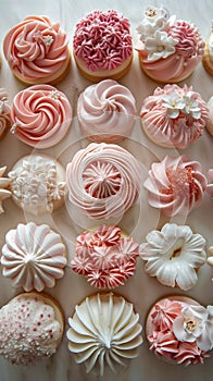 Background above view of various decorated cupcakes designs and flavors