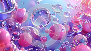 The background is abstract 3D art with holographic floating liquid blobs, soap bubbles, metaballs and soap bubbles.