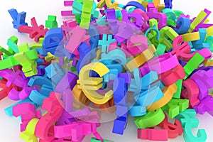 Background abstract CGI typography, bunch of currency sign represent money or profit for design, graphic resource. Colorful 3D re