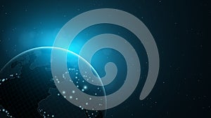 Background with an abstract planet in space. World map. Blue glow. Vector