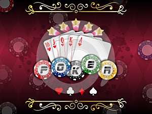 Background abstract red with playing cards with poker chips