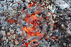 Background of actively smoldering embers and glowing coals of fire