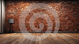 Background of aged grungy textured red brick and stone wall with light wooden floor.