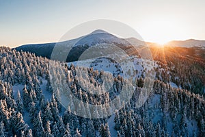 Background with amazing sunset. Winter aerial landscape of majestic Carpathian mountains