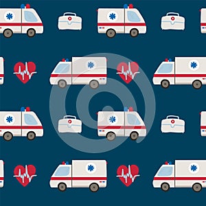 Background with an ambulance. Cute items for children`s emergency services and rescuers. Drawn in flat style medical