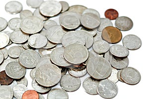 Background of American coins of different values and times, quarter dollar, cent and one dollar coinage, vintage retro