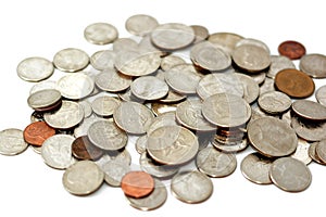 Background of American coins of different values and times, quarter dollar, cent and one dollar coinage, vintage retro