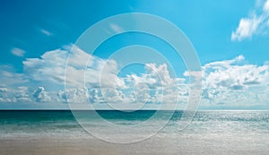 Background of Andaman sea, sand, beach with blue sky, white cloud and copy space in summer at  Phuket Thailand