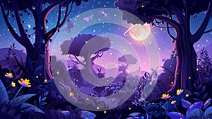 Background animation of night forest, nature 2D landscape, mysterious forest with flying fireflies in moonlight glow