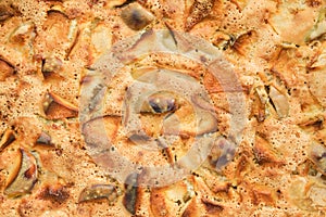 Background of apple cake. Baked apple cake, top view. Pie texture