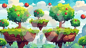 The background of an arcade game level has platforms and items. Modern cartoon landscape with trees, flying islands