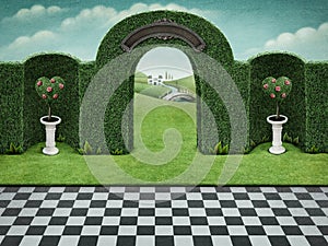 Background with arch and green hearts with roses on pedestal
