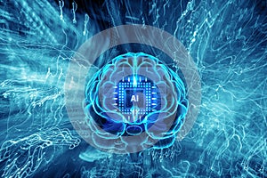 Background of Artificial intelligence. Human brain with AI computer chip with light trail, Virtual concept, futuristic abstract