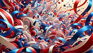 Background Artwork, Illustration , Generative AI, of red, white and blue ribbons in an agitated state