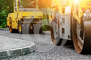 Background of asphalt roller that stack and press hot asphalt. Road repair machine